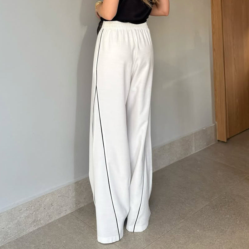 White High Waist Wide Legged Pants w/ Black Pipping & Front Sash White
