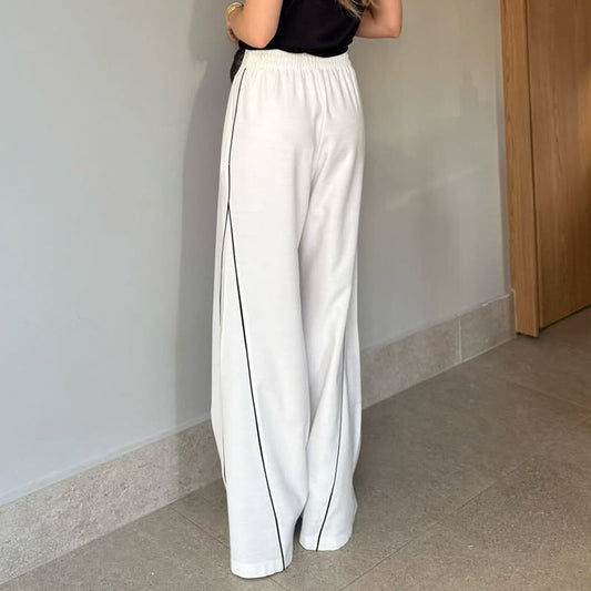 White High Waist Wide Legged Pants w/ Black Pipping & Front Sash White