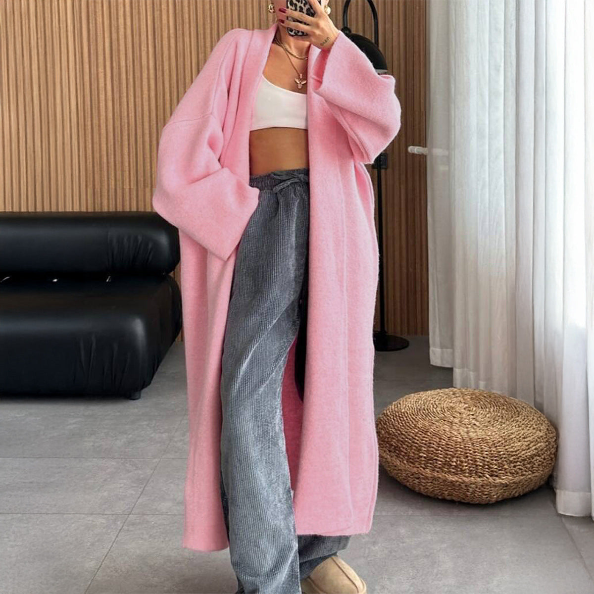 Long Sleeve Cozy Oversized Trench Coat Like Sweater Pink