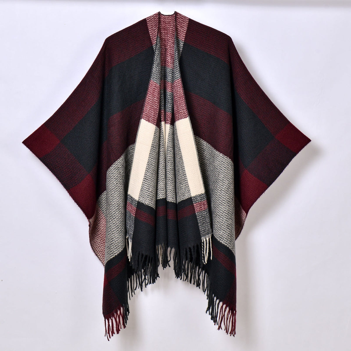 Tassel Split Shawl Autumn Winter Women's Simple Plaid Jacquard Scarf Cloak