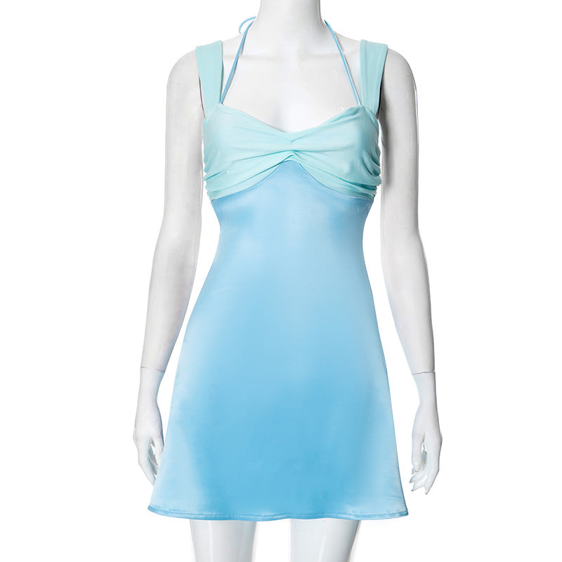 Women Halter Lace up Backless Sheath Dress Blue