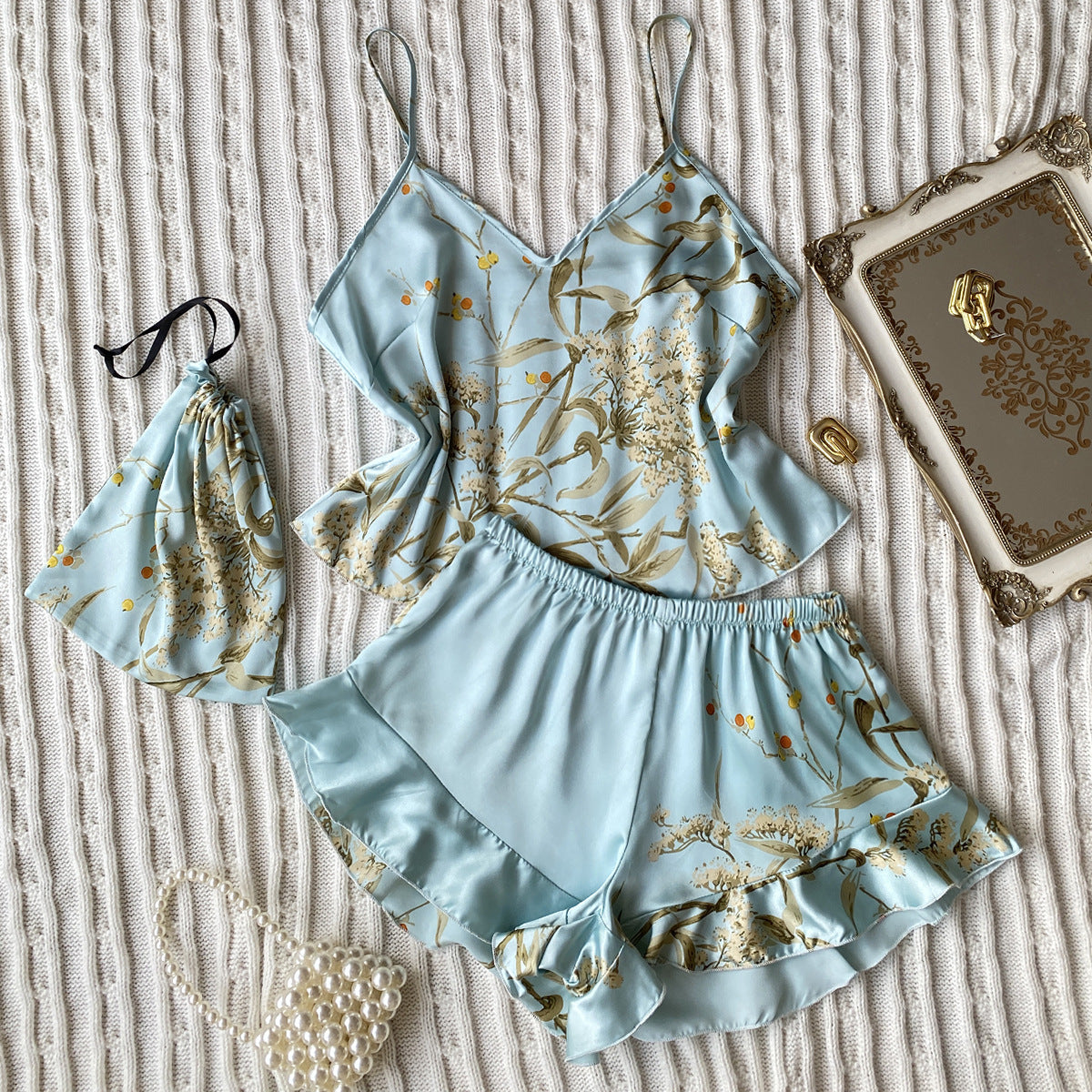 Silk Pajamas leaf Printed Short / Cami Set with ruffle hem Light Green Cherry