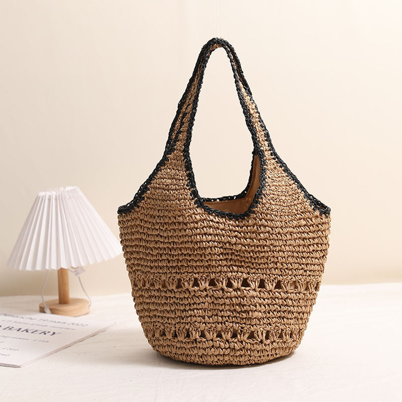 Large Shoulder Out Cutout Portable Straw Beach Bag Woven