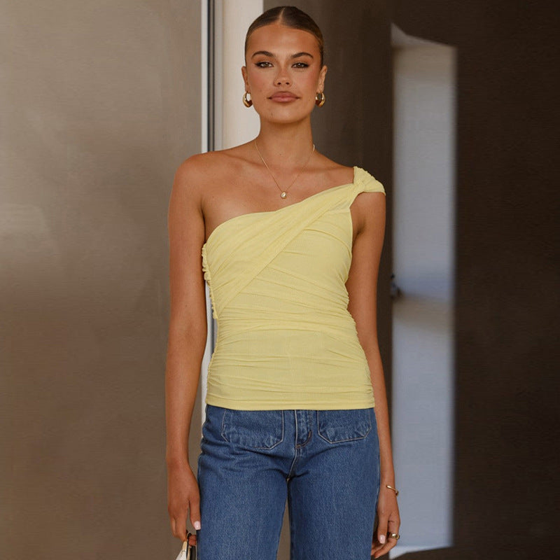 One Shoulder Twisted Mesh Stitching Tube Top Pale Yellow