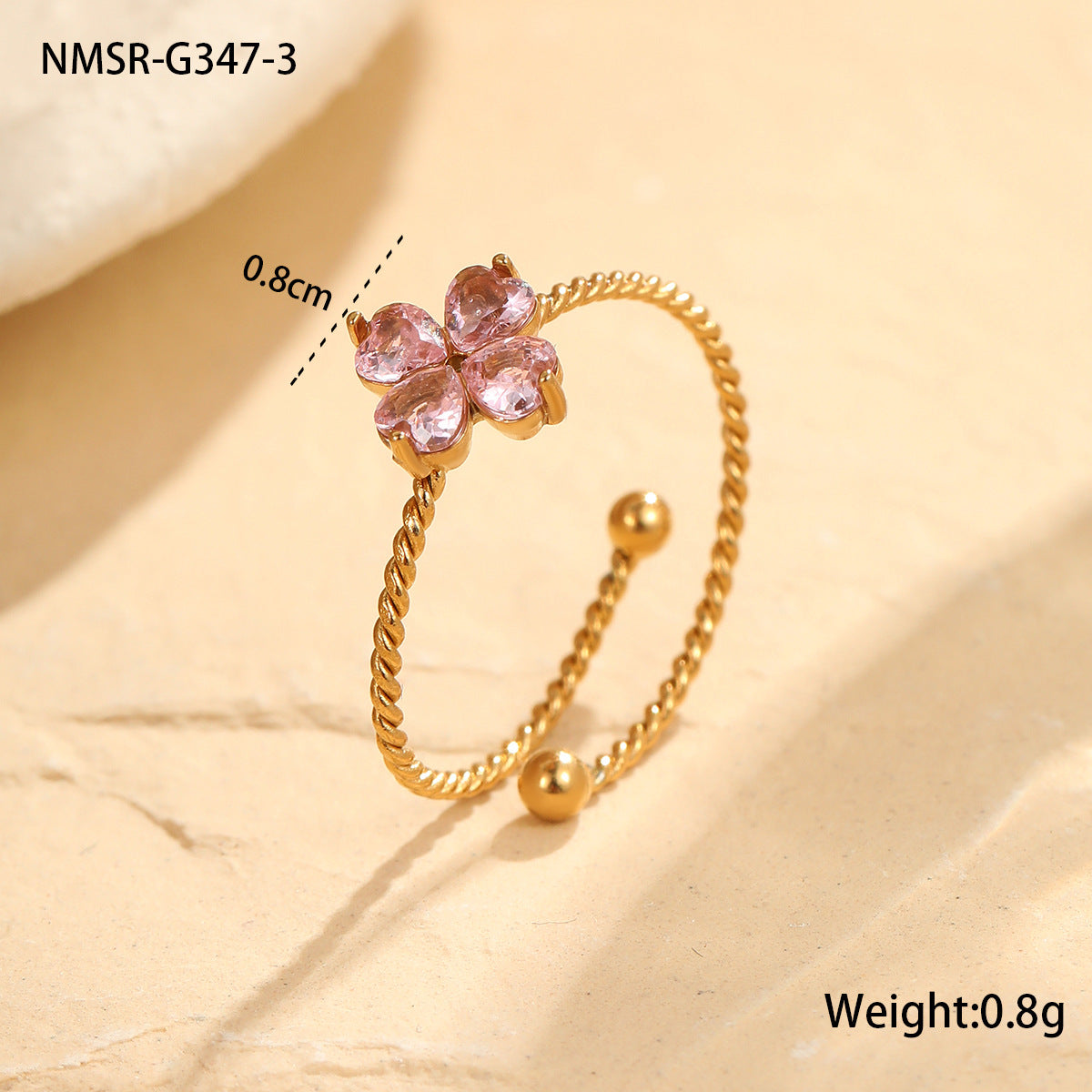 Stainless Steel Elegant Clover Opening Ring Luxury High Sense Hand Accessories One Size NMSR-G347-3 Pink Ring