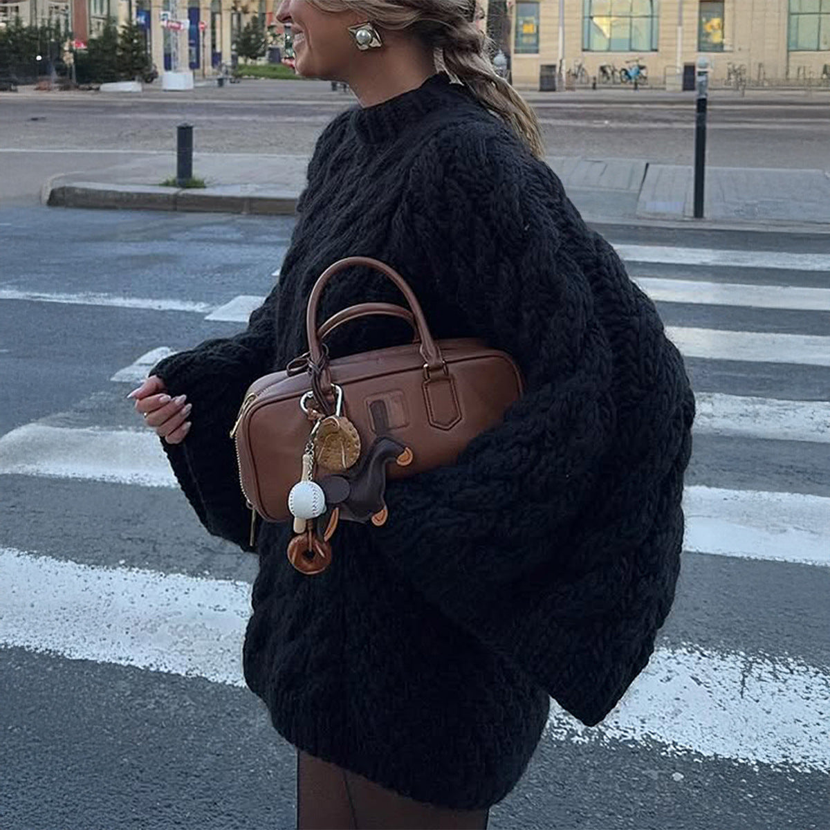 Chunky Wool Long Bell Sleeve Cable Sweater Black