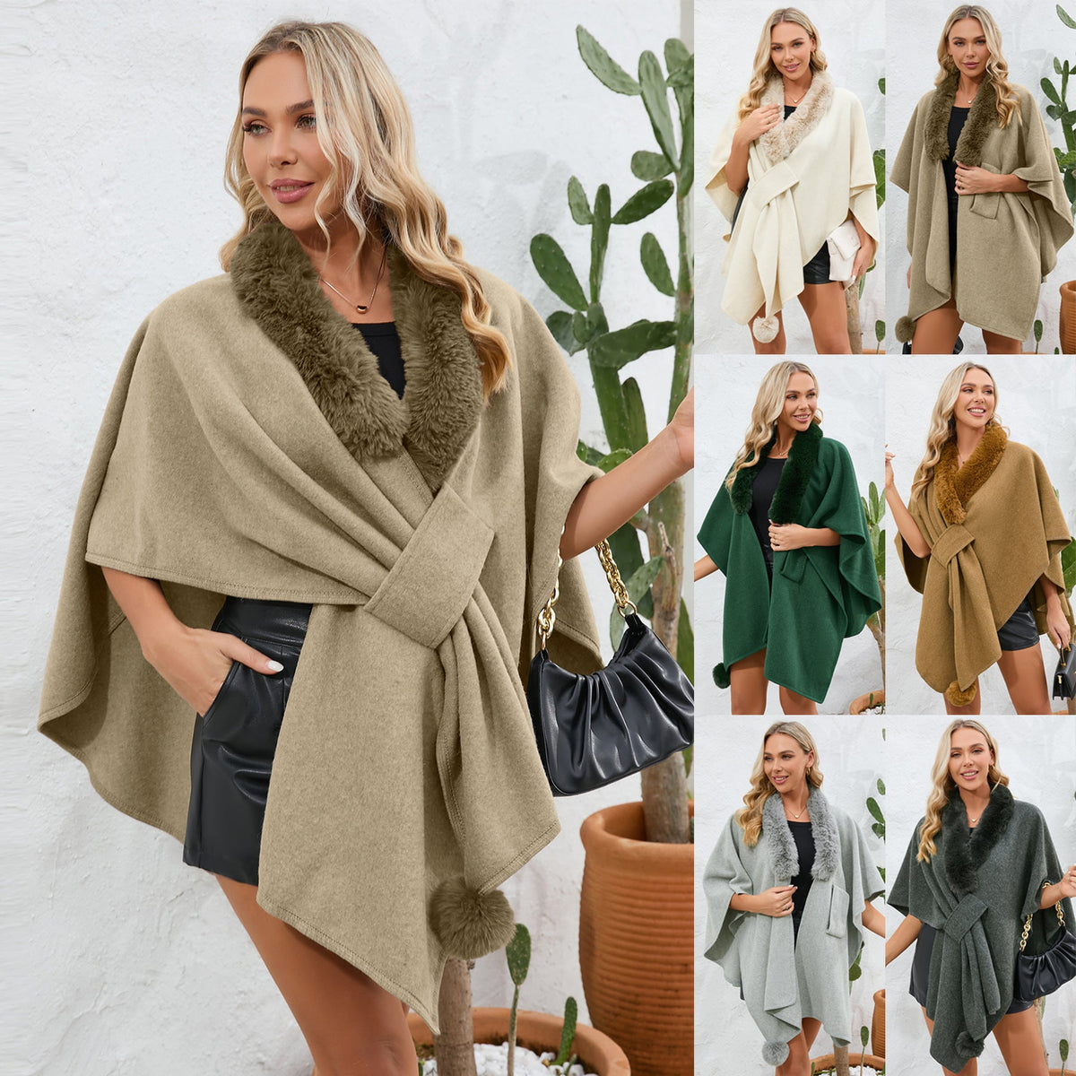 Women Autumn Winter Fur Collar Cape Shawl Women Loose Knitted Cardigan Oversized Woolen Coat