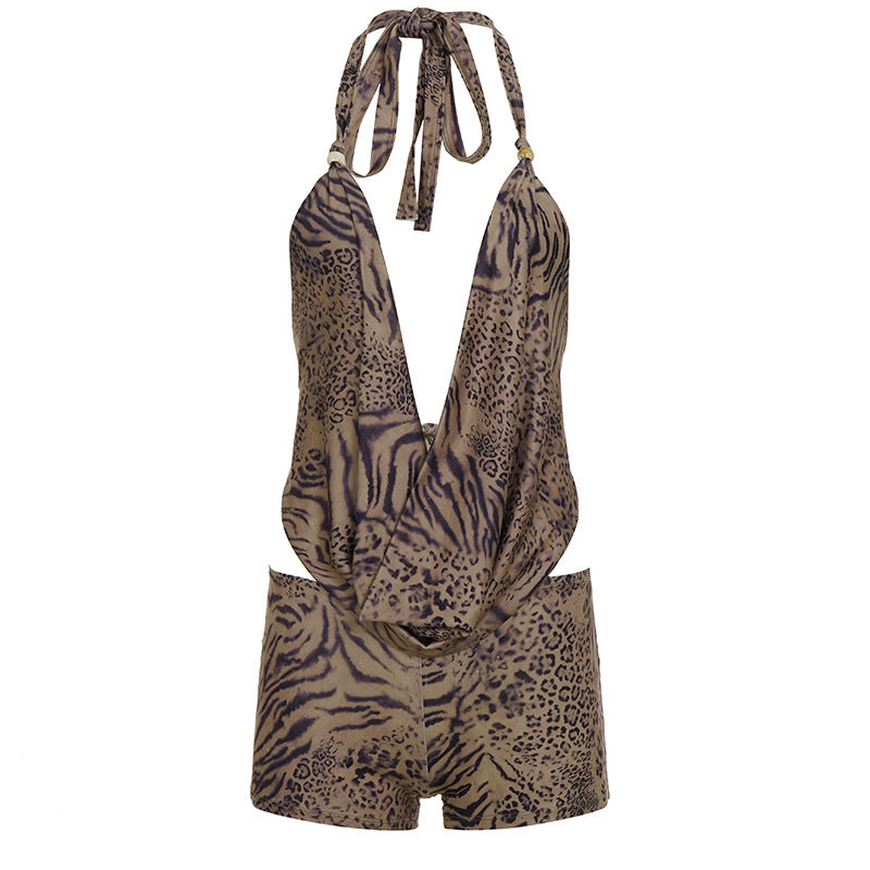 Leopard Halter V Plunge w/ Matching Shorts Sexy Set Y2K Brown