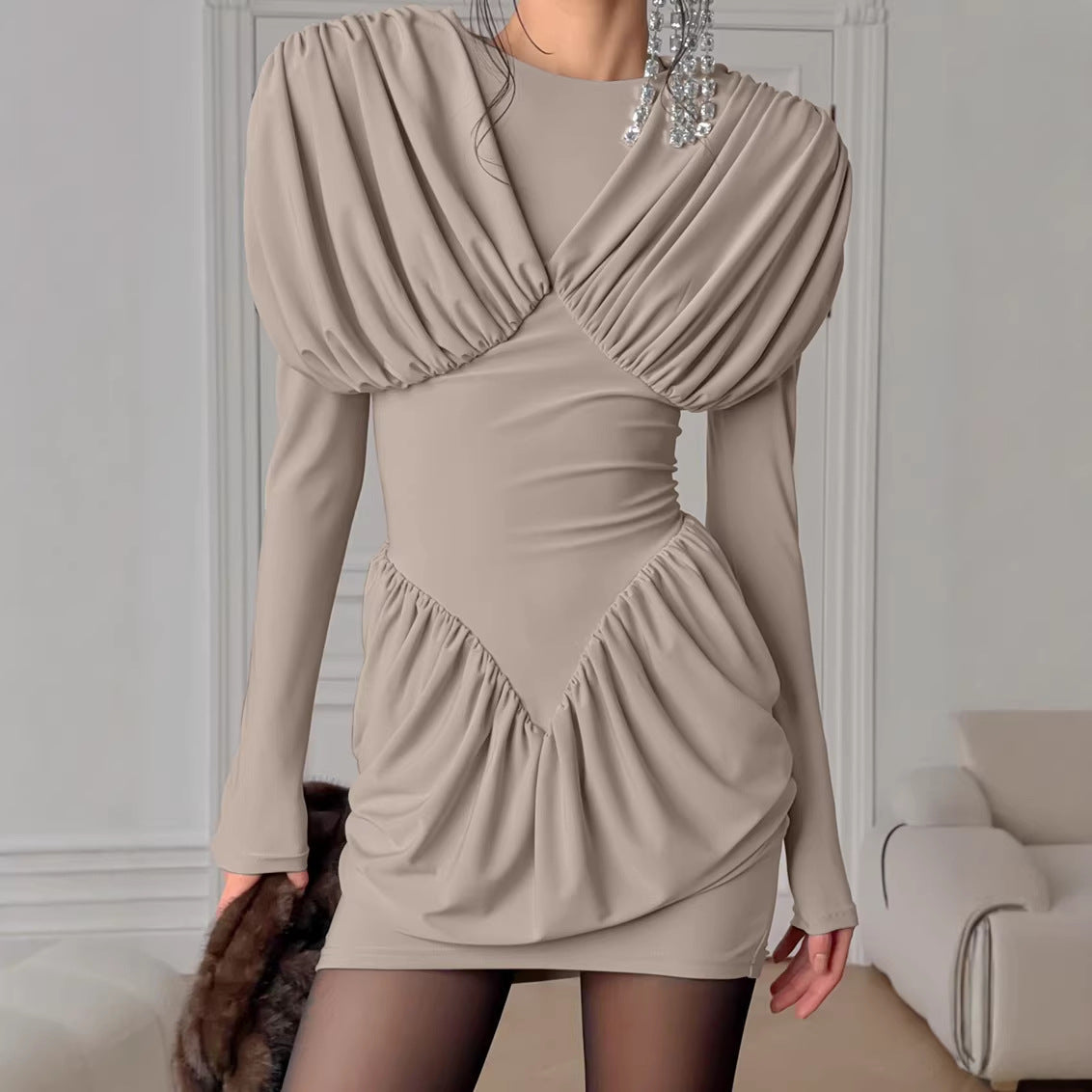 Long Sleeve Short Mini Dress with Front Draping Detail LBD Y2K