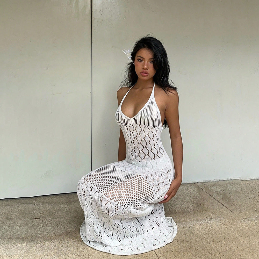 Sexy Knitted Hollow Out Cutout Beach Cover up Dress in Blk or White White