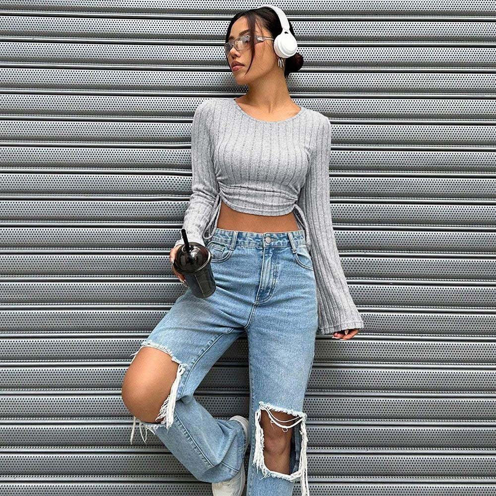 Cropped Ribbed Heather Grey Bell Long Sleeve Top w/ Shirring at Sides