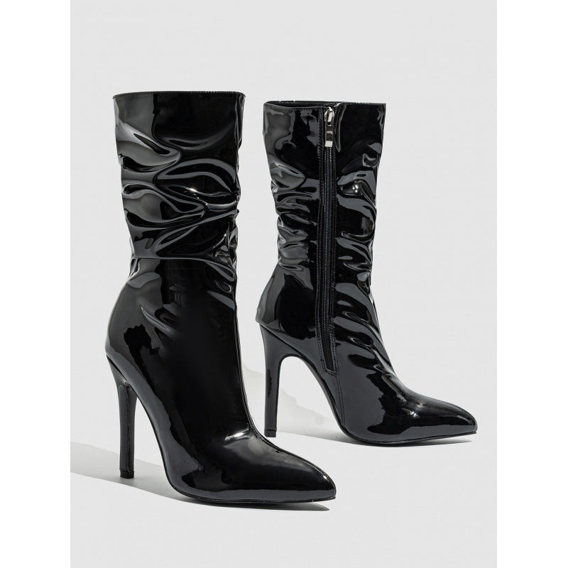 Supply Pointed Stiletto Heel Pile Boots Patent Leather Nude Shoes Short High Heel Riding Boots Black