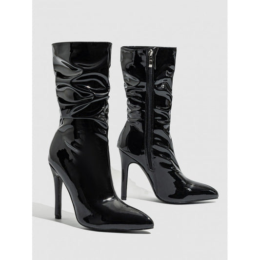 Supply Pointed Stiletto Heel Pile Boots Patent Leather Nude Shoes Short High Heel Riding Boots Black