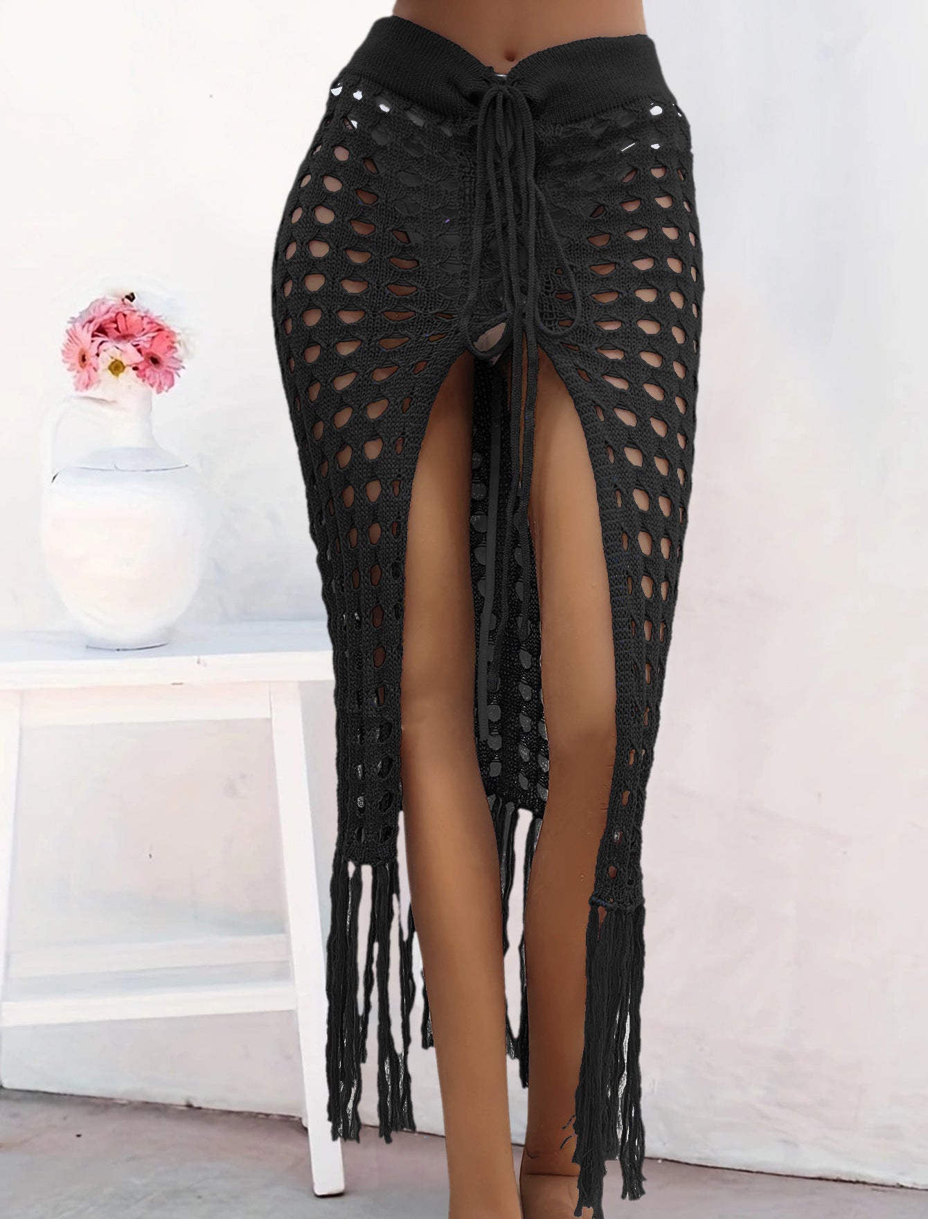Crochet Sexy Cutout Woven Lace up Tassel Beach Skirt Black