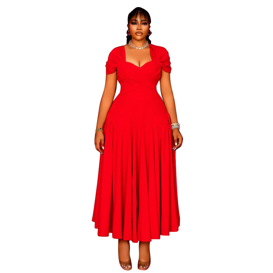 Plus Size Elegant Long Tube Top Collar Cinched Cap Sleeve Dress Red
