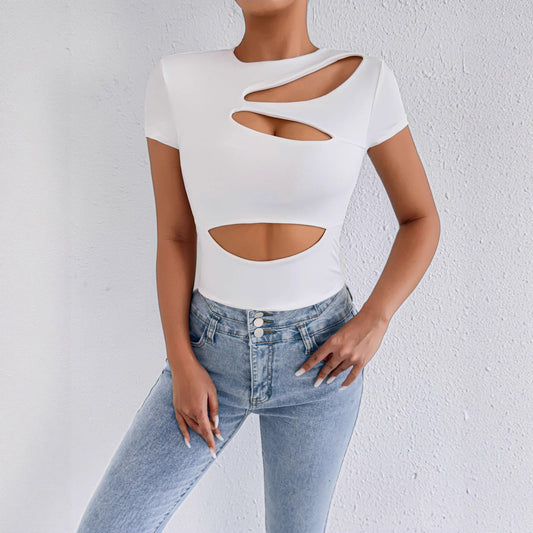 White Short Sleeve Sexy Cropped Hollow Out Cutout out Sexy Top White