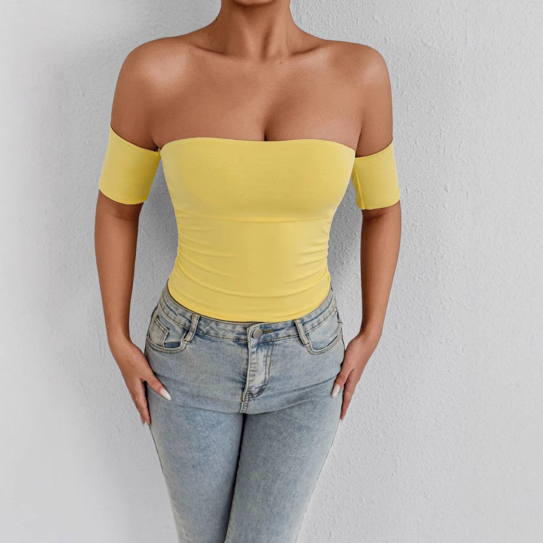 Yellow off the shoulder fitted top with short sleeve Pale Yellow