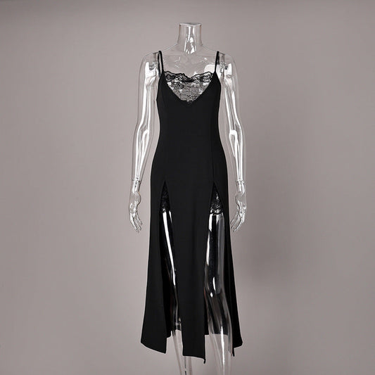 Black Sexy Double Slit Slip Nightdress Lace Inserts Maxi Loungewear Black