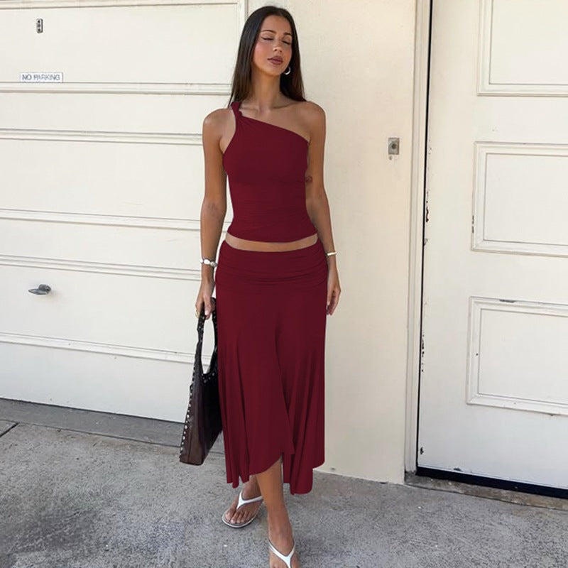 One Shoulder Sleeveless Cropped Small Tank Top with Hip Hugging Midi skirt