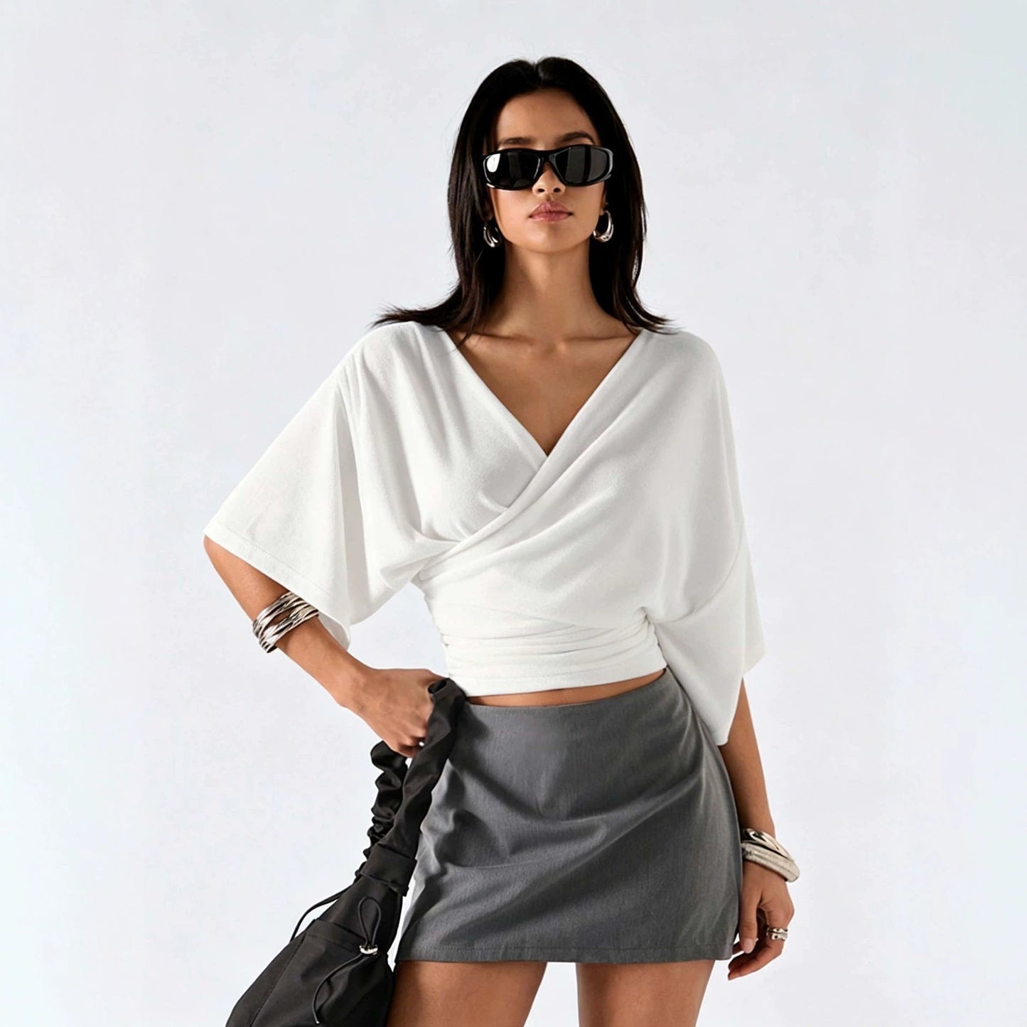 White Deep V neck Batwing Sleeve Top with Shirring on Sides