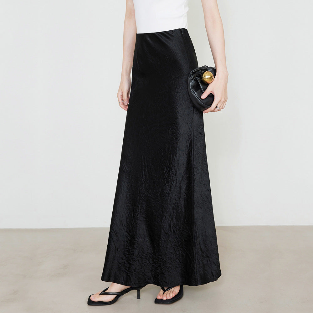 Satin Skirt High Waist Elastic Pattern Long Skirt