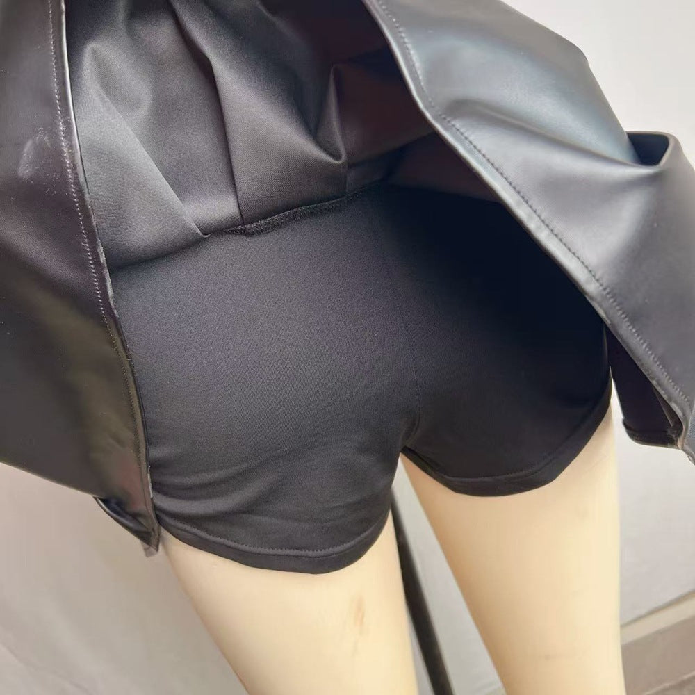 Sexy Pleated Pleather High Waist Vegan Leather Skirt Black