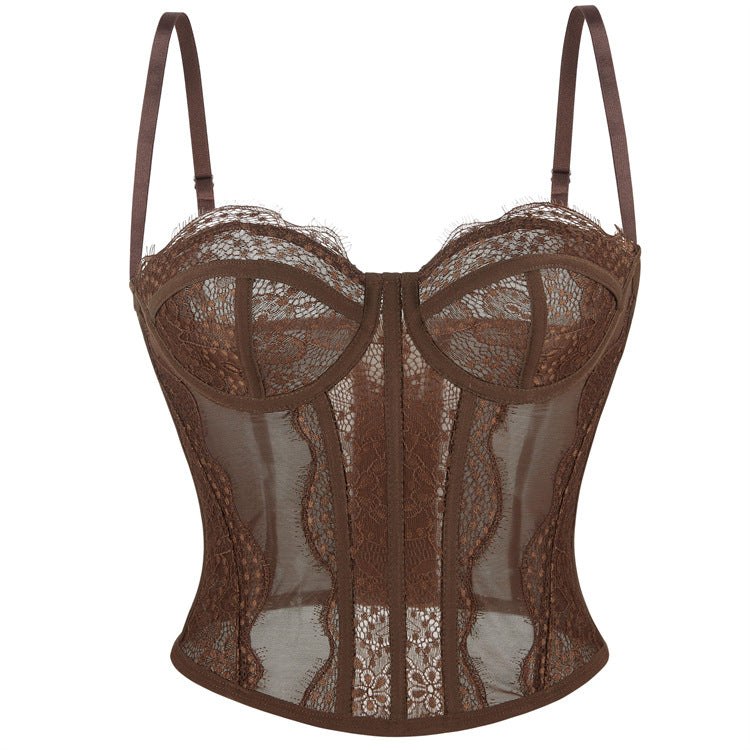 Sexy Mesh Lace Combo Corset -Bustier Y2K festival colors Coffee