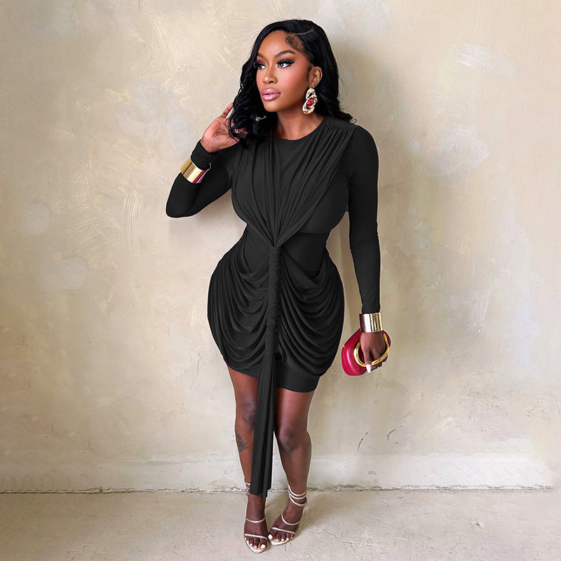 Long Sleeve Short Shirring Tied Short Dress In Magenta or Black