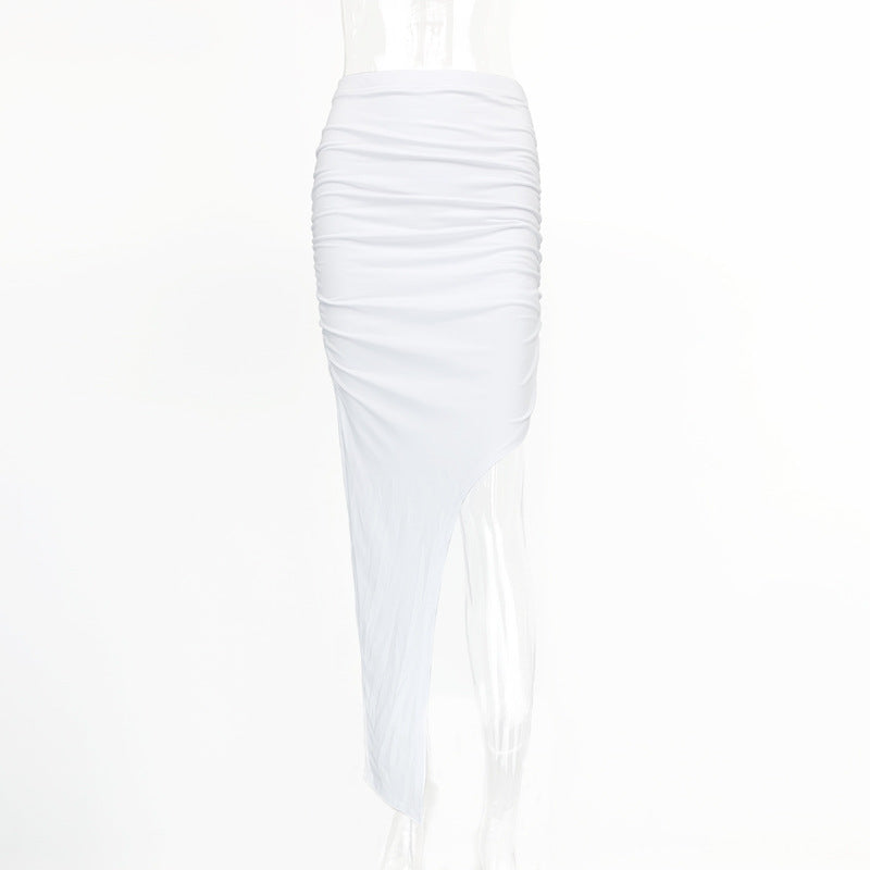 Sexy Knit Asymmetric High Slit Skirt in Blk or White with Shirring on Side White
