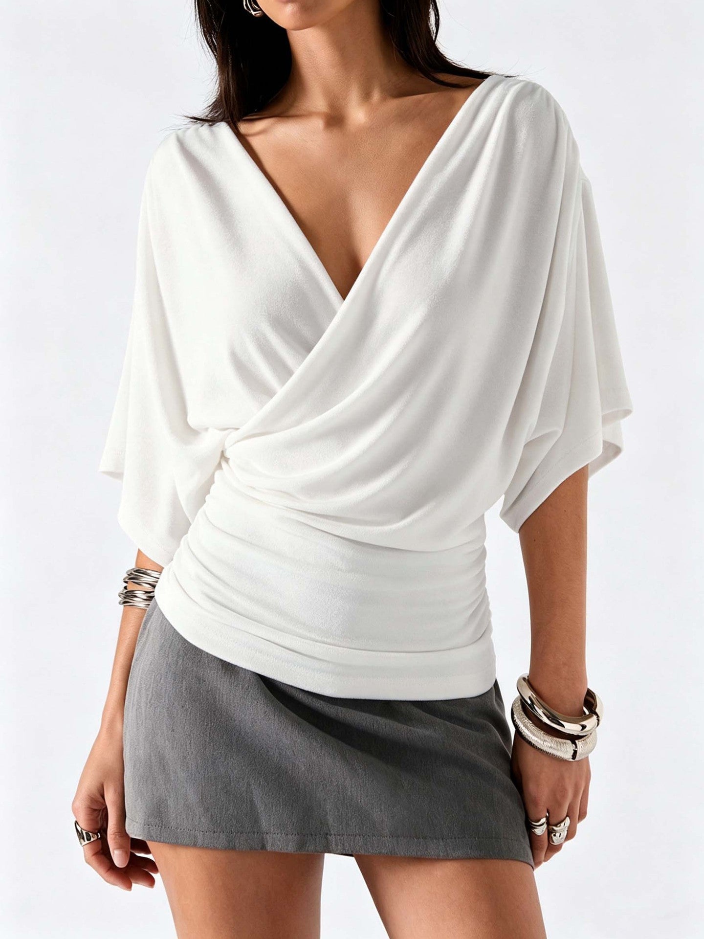White Deep V neck Batwing Sleeve Top with Shirring on Sides Ivory