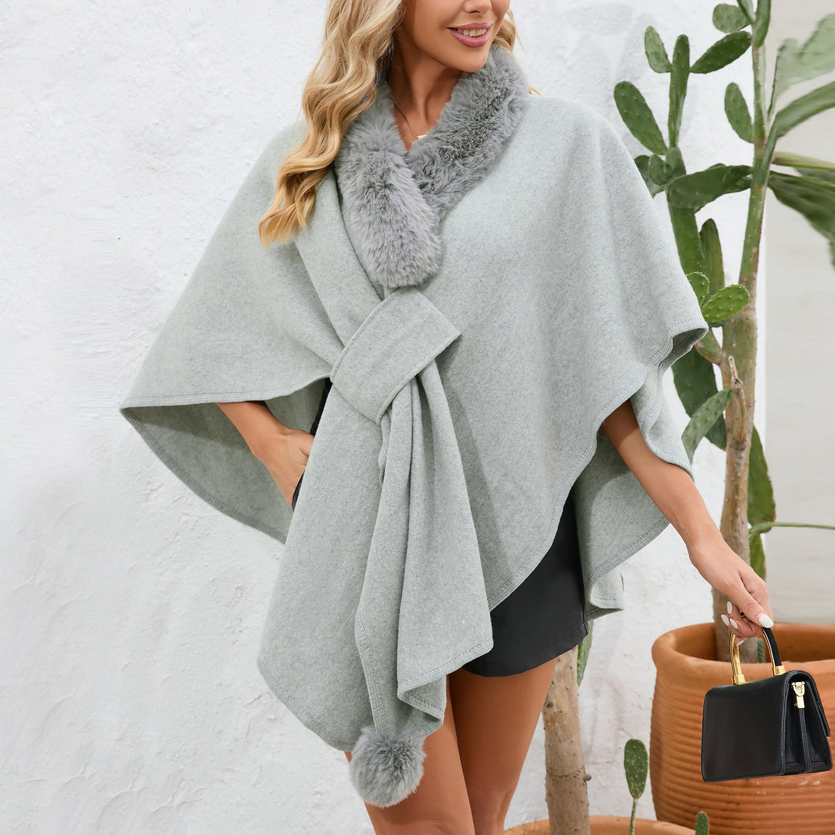 Women Autumn Winter Fur Collar Cape Shawl Women Loose Knitted Cardigan Oversized Woolen Coat