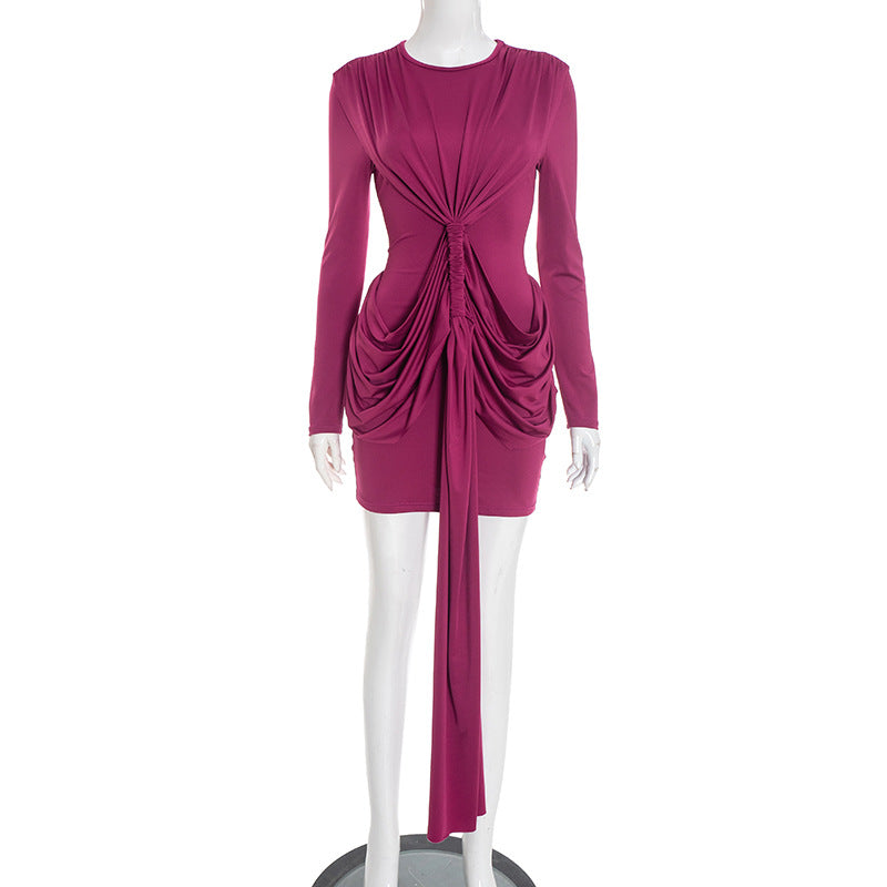 Long Sleeve Short Shirring Tied Short Dress In Magenta or Black Coral Red