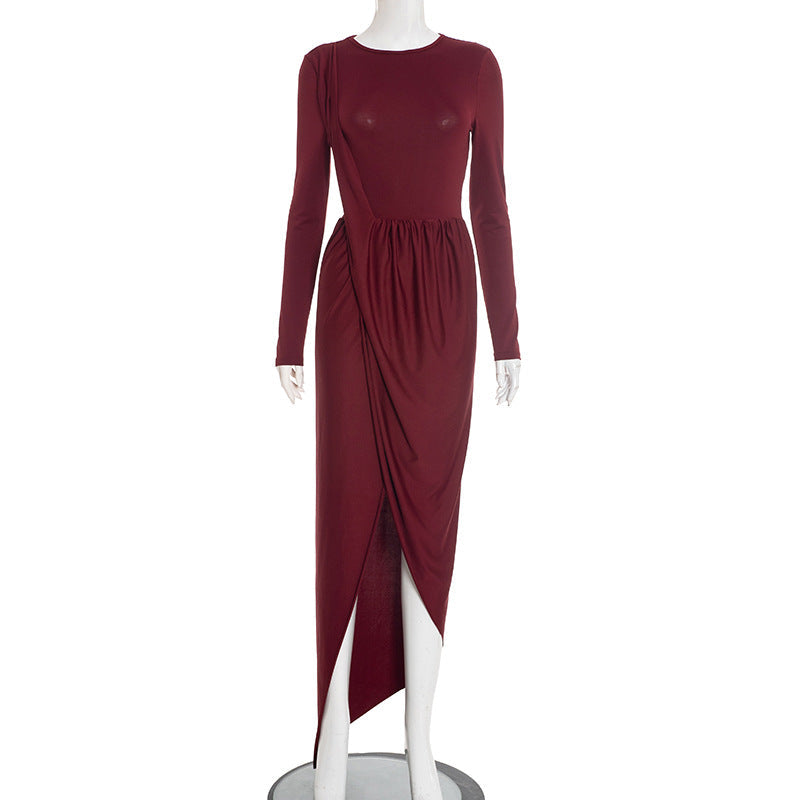 Women Autumn Winter Sexy Figure Flattering Solid Color Long Sleeve Narrow Split Dress Burgundy