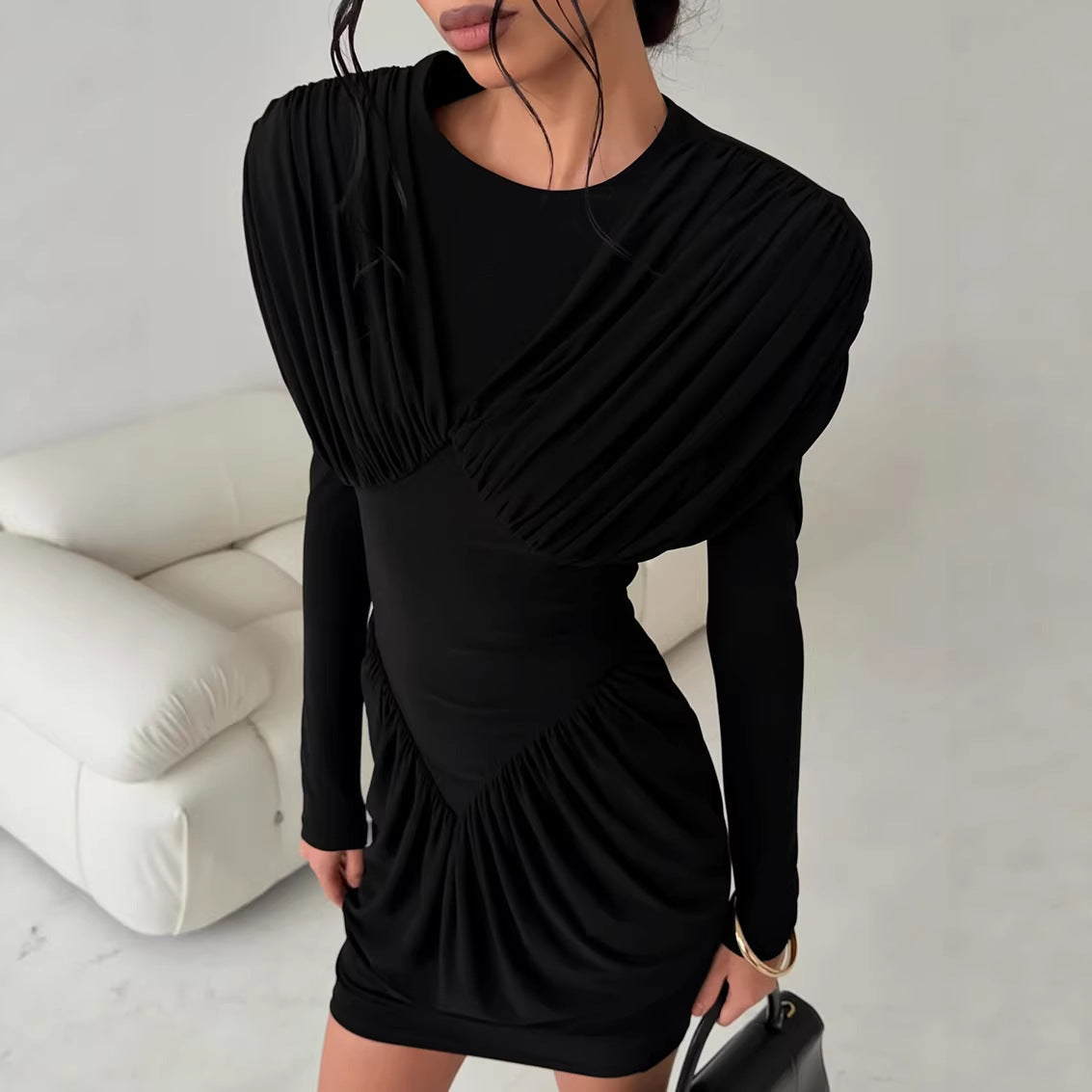 Long Sleeve Short Mini Dress with Front Draping Detail LBD Y2K Black