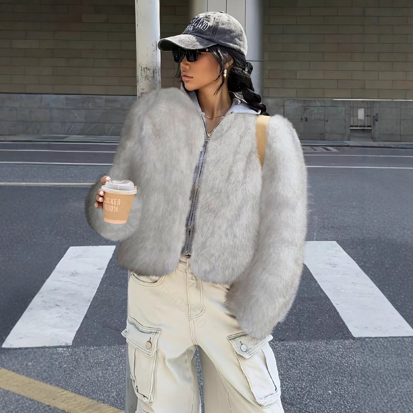 Brown Faux Fur Light Luxury Coat White Dyed Tip