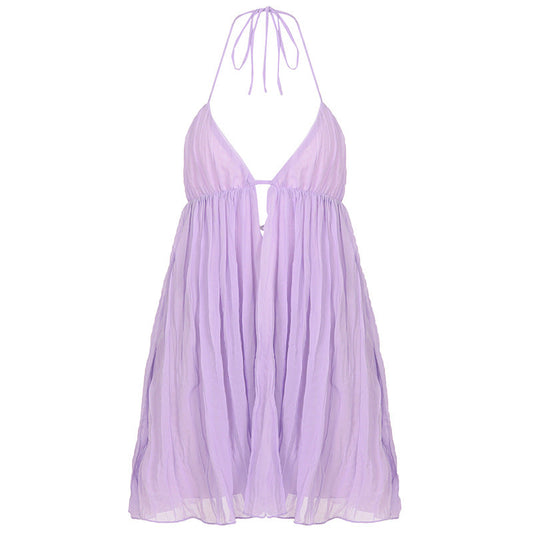 Ladies Spaghetti Strap V neck Sexy Sheer Dress Low Back Purple