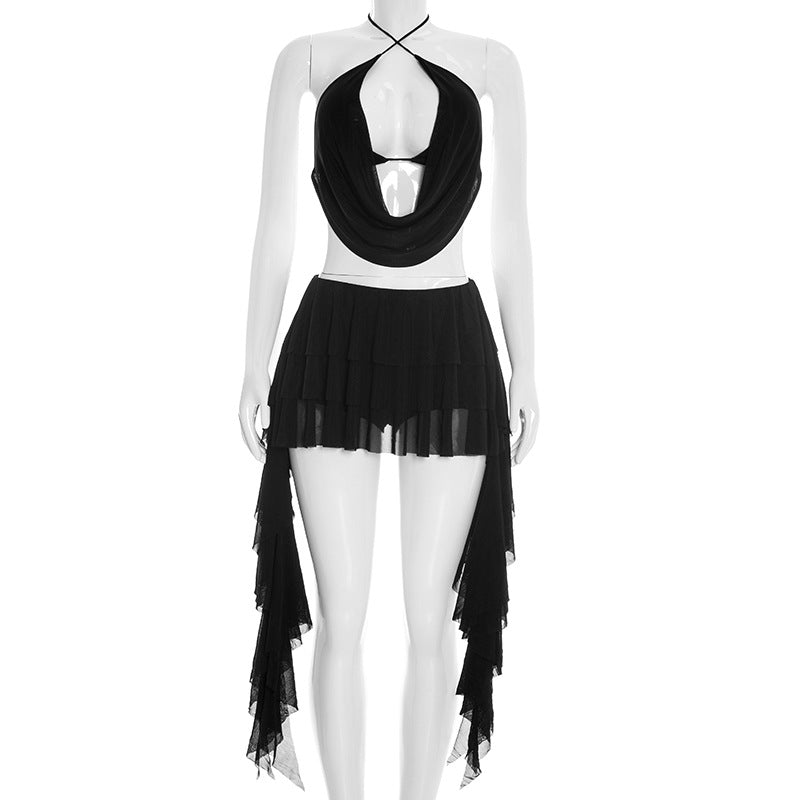 Sheer Pea Mesh Halter Open Back with Matching Mini Skirt Festival Vibes Black