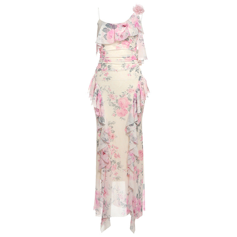 Floral French Sexy Ruffled Floral Decoration Printed Mesh Sling Dress Pink