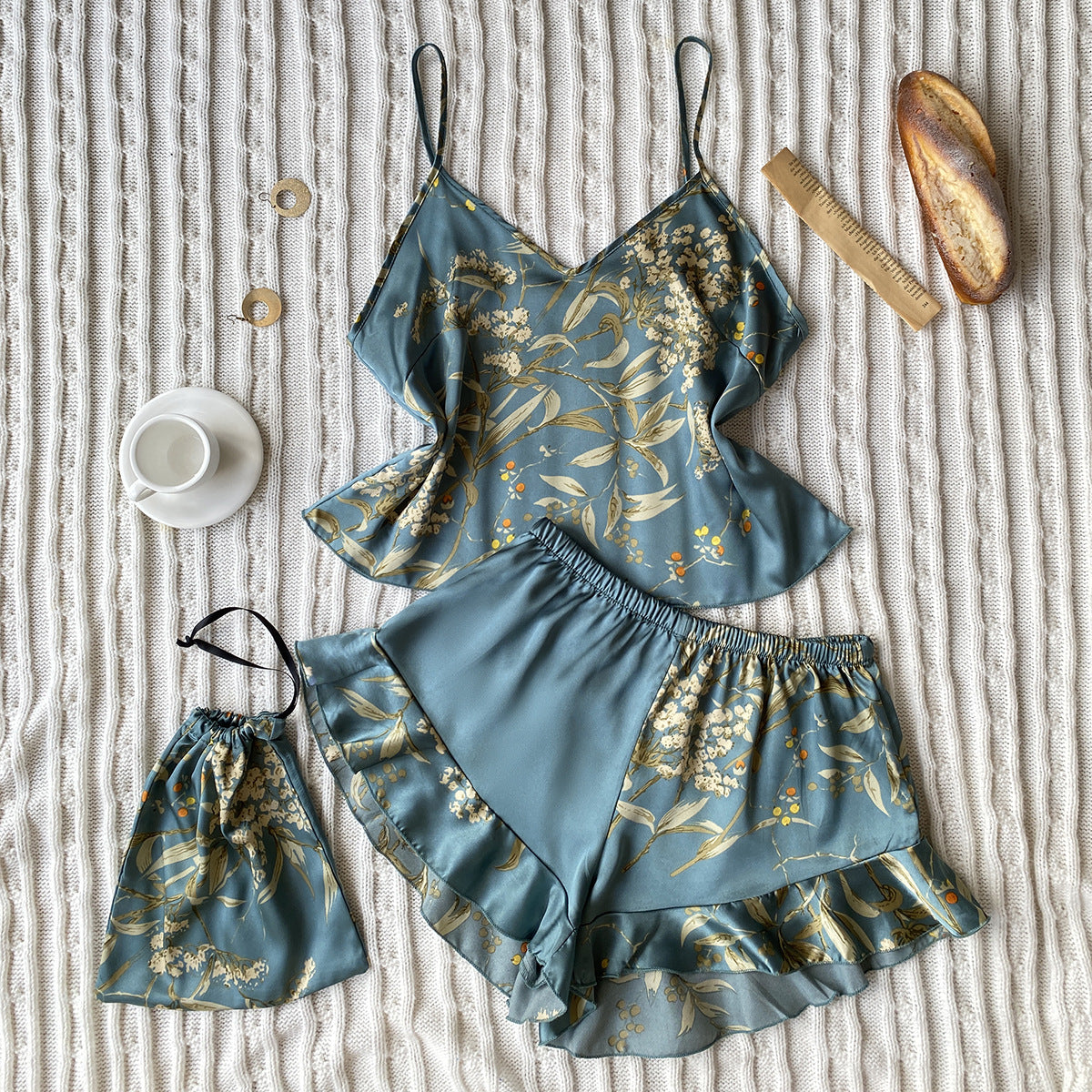 Silk Pajamas leaf Printed Short / Cami Set with ruffle hem Green Cherry
