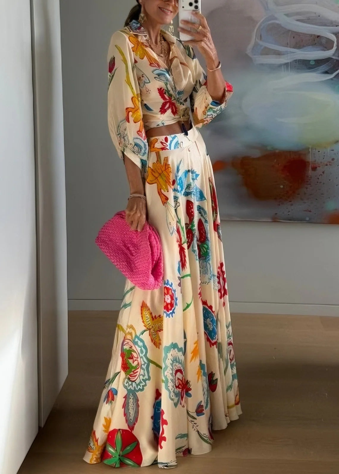 Colorful Floral Tie‑Front Shirt & Maxi Skirt Set Women Cutout Long Sleeve Two‑Piece Outfit