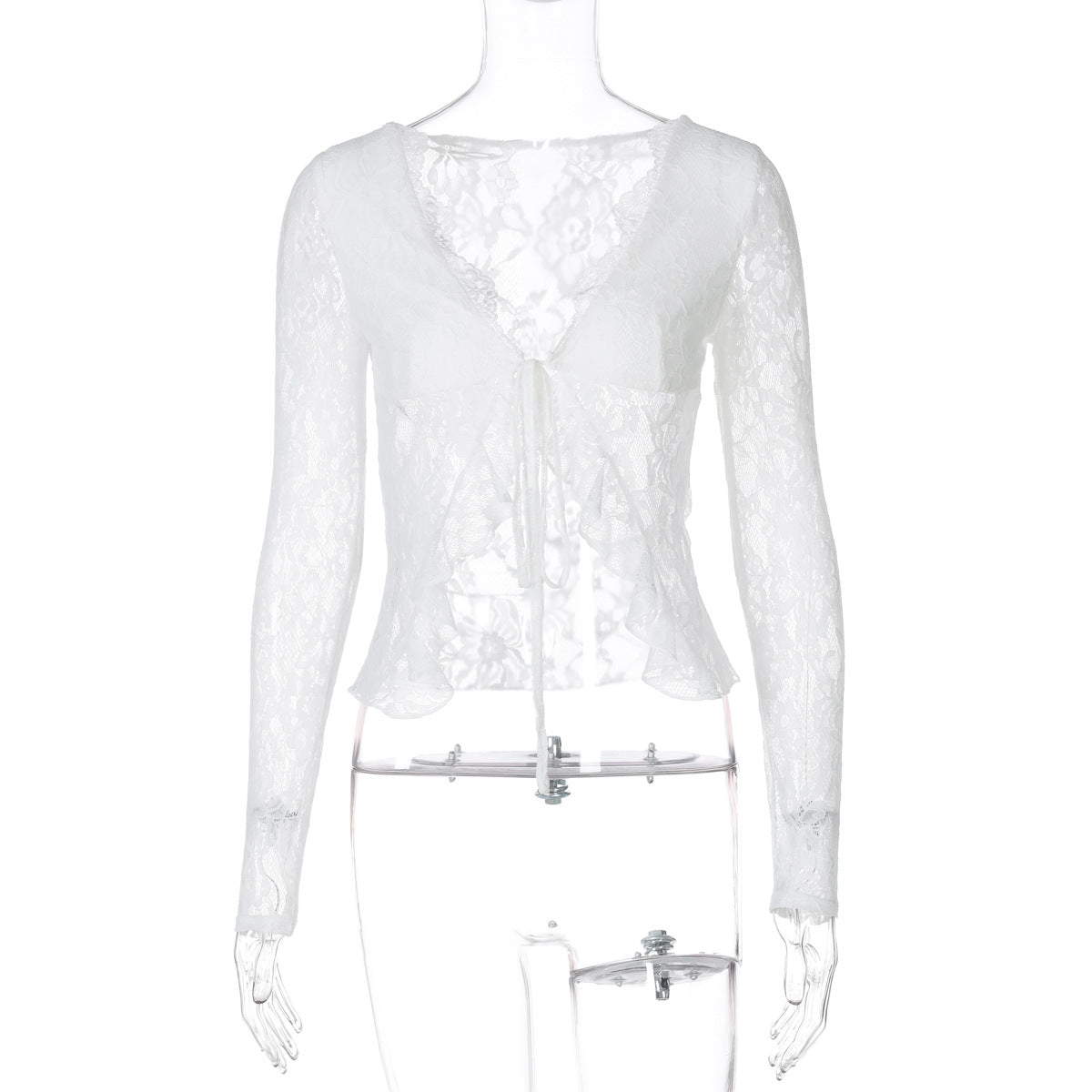 Sexy White Lace See through V neck Cardigan Lace up Long Sleeve Y2K Top White