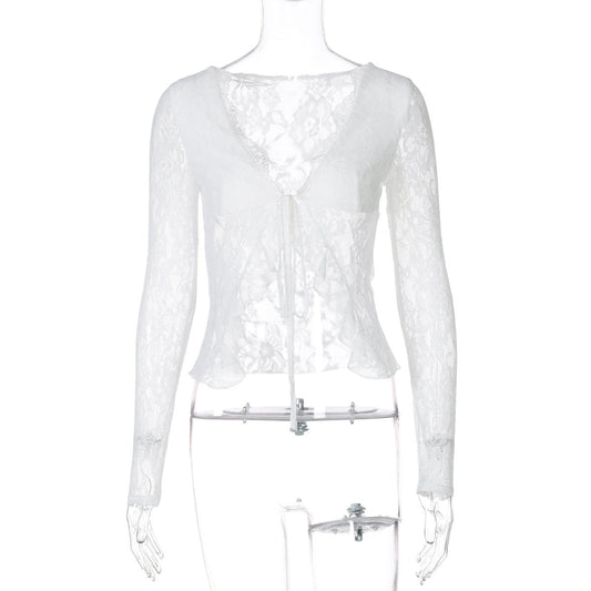 Sexy White Lace See through V neck Cardigan Lace up Long Sleeve Y2K Top White