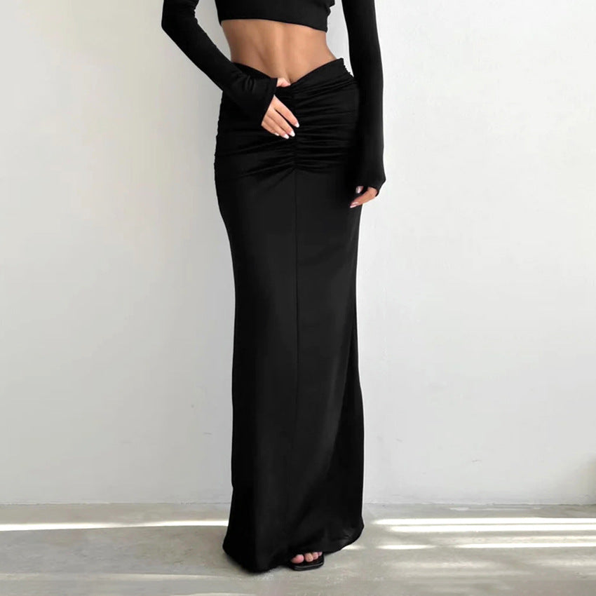 Black Sexy Design Knitted Slim Fit Front Shirred High Waist Fishtail Skirt Women Black