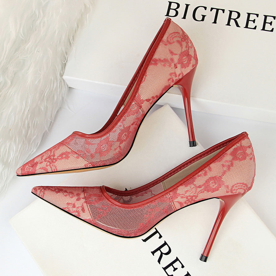 Sexy Skinny Lace Stiletto Heel Pointed Toe High Heels Red