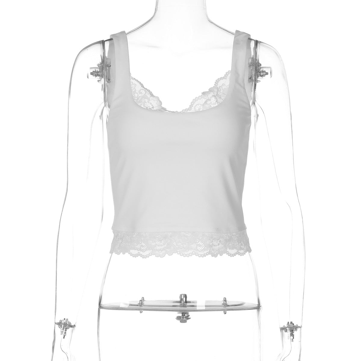 Simple Cami Tank with Lace Peekaboo Insert , White