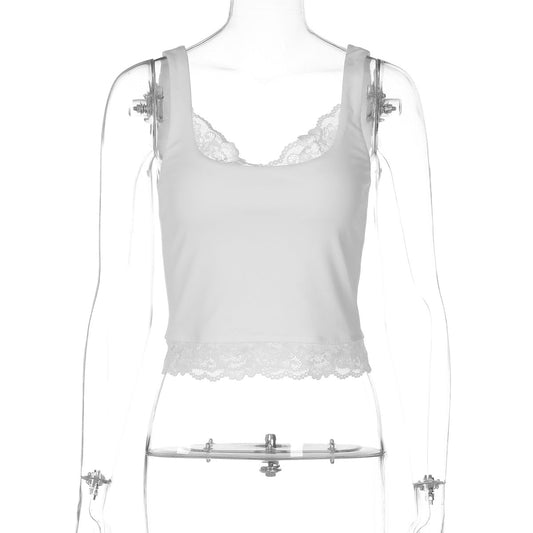 Simple Cami Tank with Lace Peekaboo Insert , White