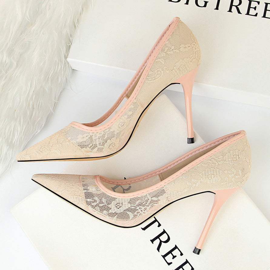 Sexy Skinny Lace Stiletto Heel Pointed Toe High Heels Pink