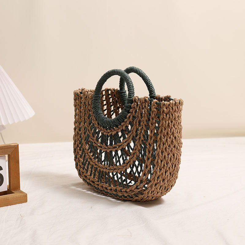 Straw Weaved Bag Round Handle Vacation Beach Bag