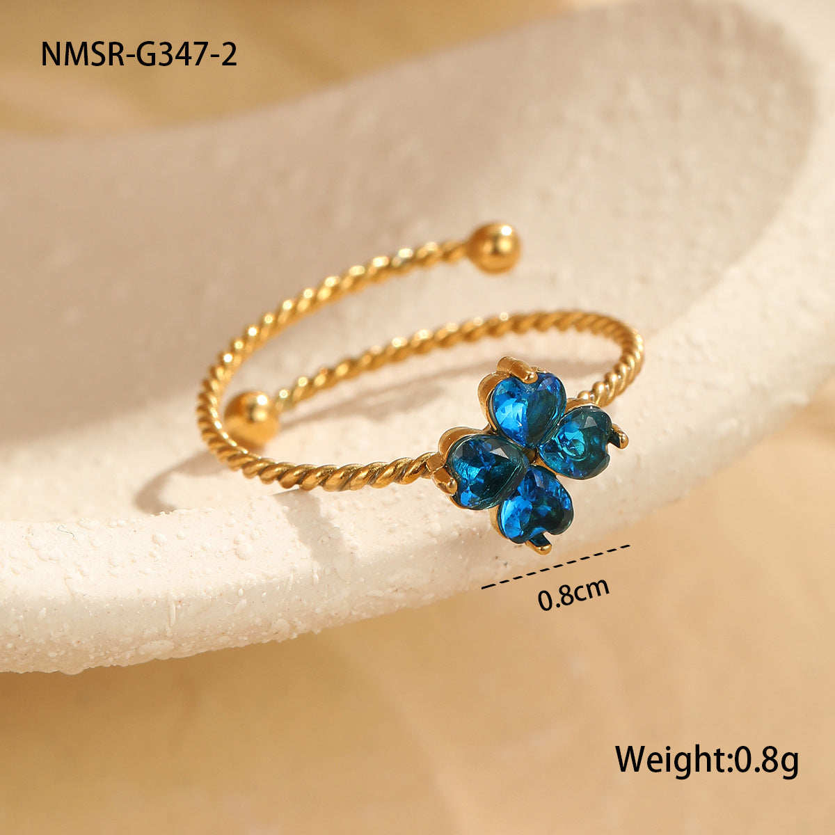 Stainless Steel Elegant Clover Opening Ring Luxury High Sense Hand Accessories One Size NMSR-G347-2 Blue Ring