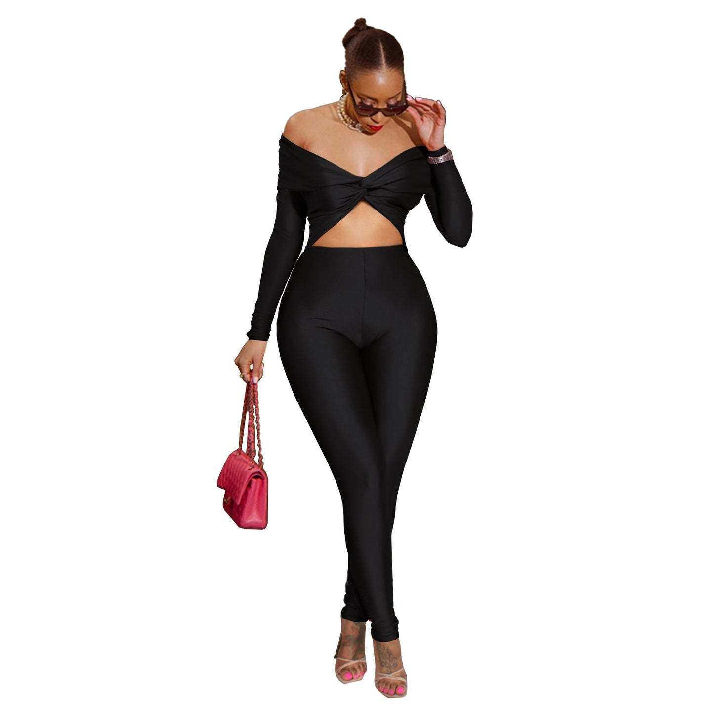 Ladies Sexy Twist Hollow Out Cutout Cropped High Waist Long Sleeve Jumpsuit Black